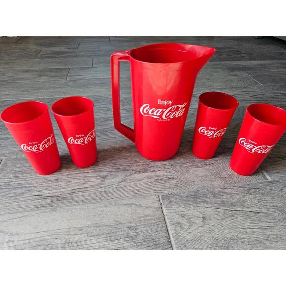 Other - Alladinwear Vintage Enjoy Coca Cola Red Pitcher & Cup Set (5 Pieces) 2.5 QT